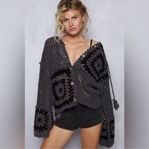 002 - POL Hand Knit Squares Hooded Button Closure Charcoal Crochet Cardigan